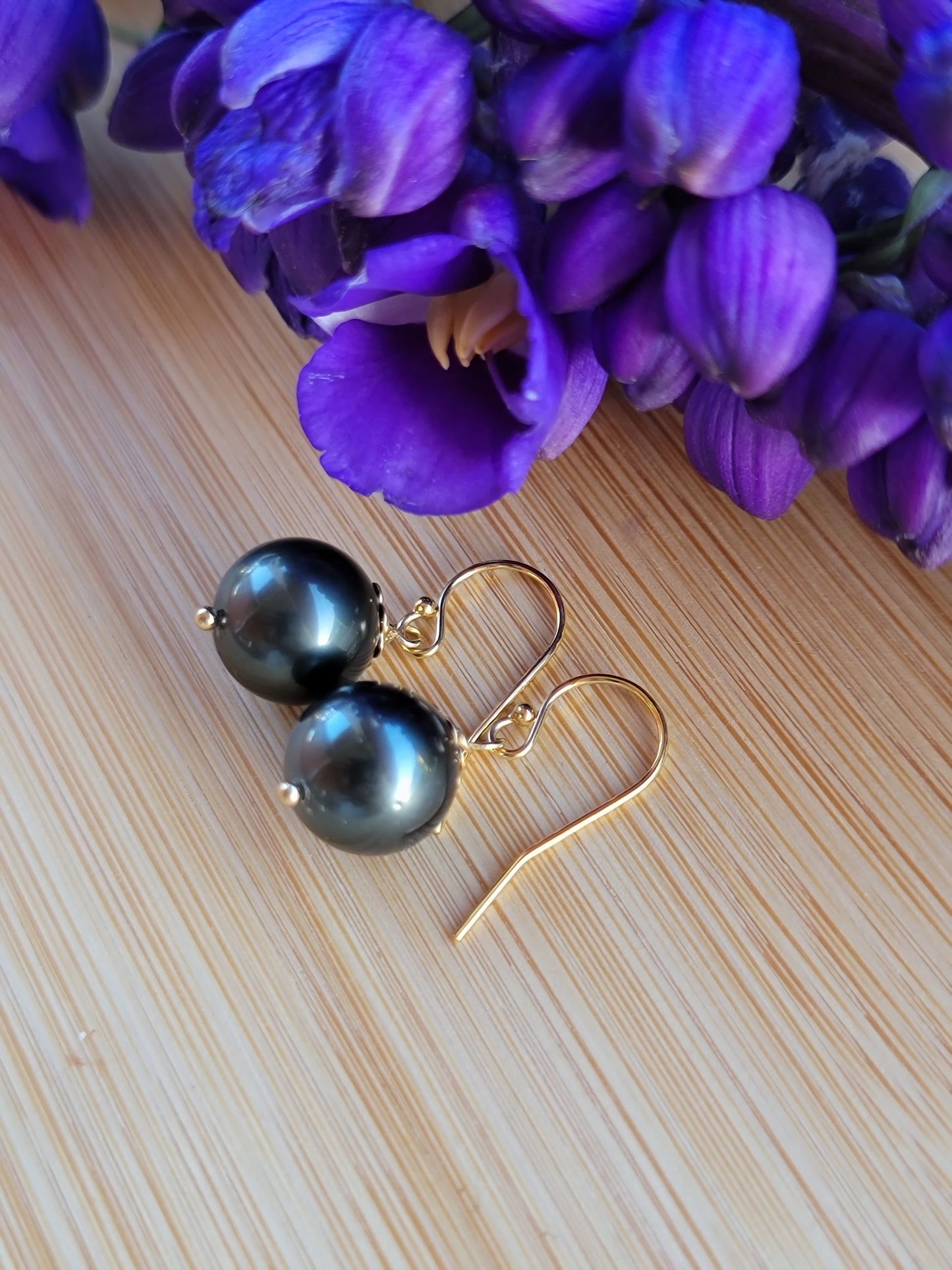 Tahitian Pearl Earrings Dangle Drop Black South Sea Pearl June Birthstone Gold