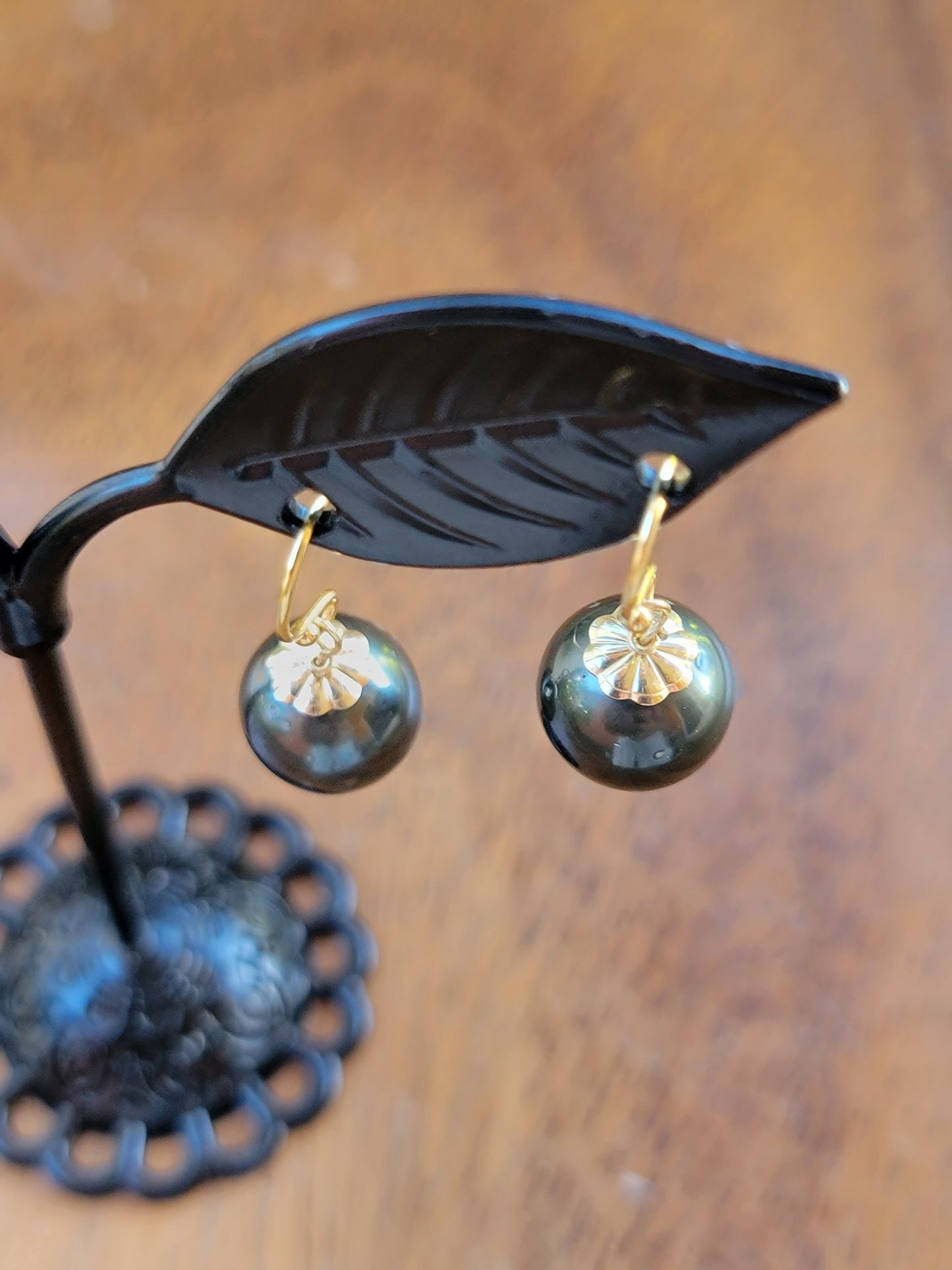 Tahitian Pearl Earrings Dangle Drop Black South Sea Pearl June Birthstone Gold