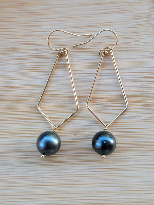 Tahitian Pearl Drop Earrings Gold Dangle Black South Sea Pearl June Birthstone