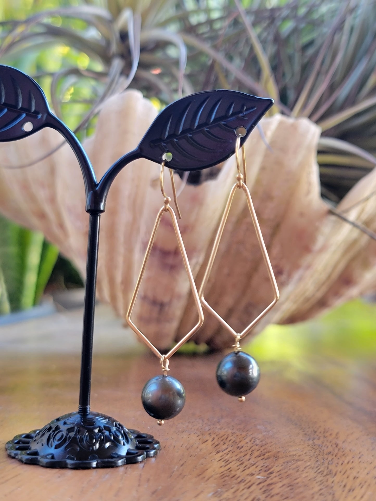 Tahitian Pearl Drop Earrings Gold Dangle Black South Sea Pearl June Birthstone