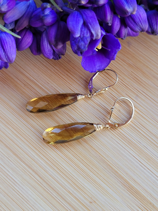 Smoky Quartz Drop Earrings Dangle Gold Long Gemstone brown Handmade Jewelry