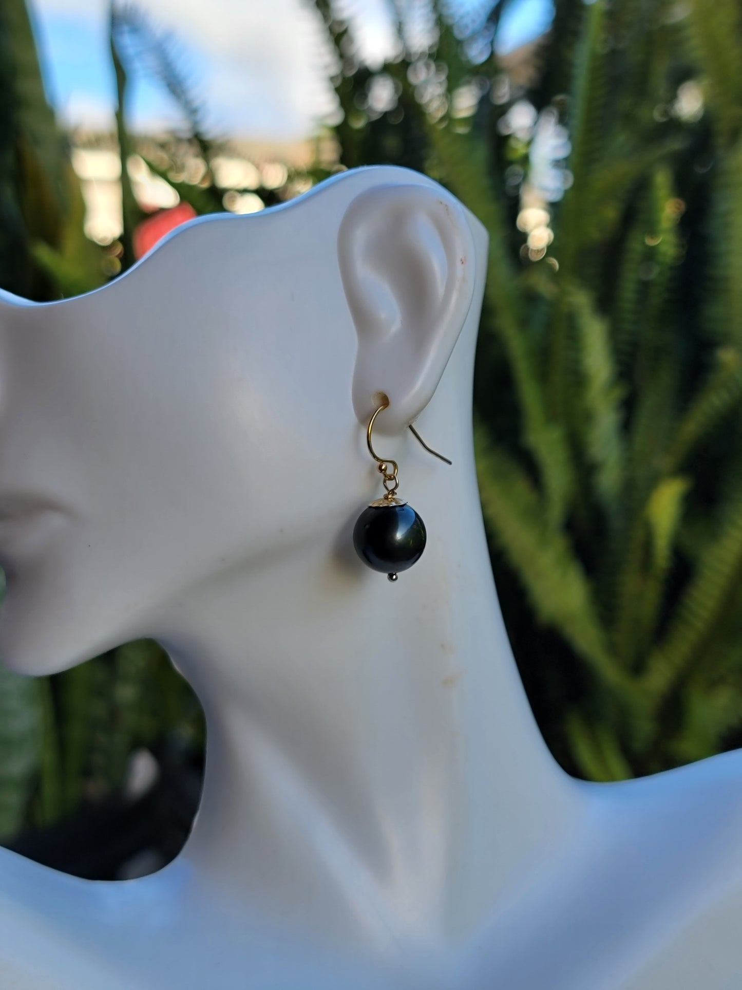 Tahitian Pearl Earrings Dangle Drop Black South Sea Pearl June Birthstone Gold