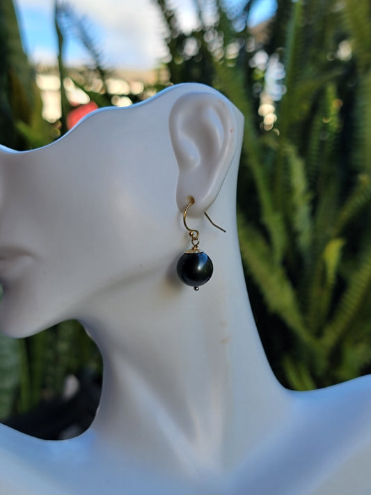 Tahitian Pearl Earrings Dangle Drop Black South Sea Pearl June Birthstone Gold