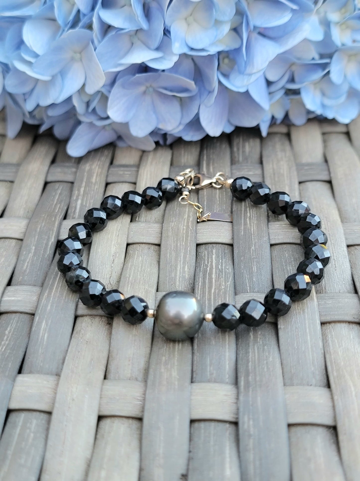 Tahitian Pearl Bracelet with genuine real blue black spinel gemstone crystals, black south sea pearl