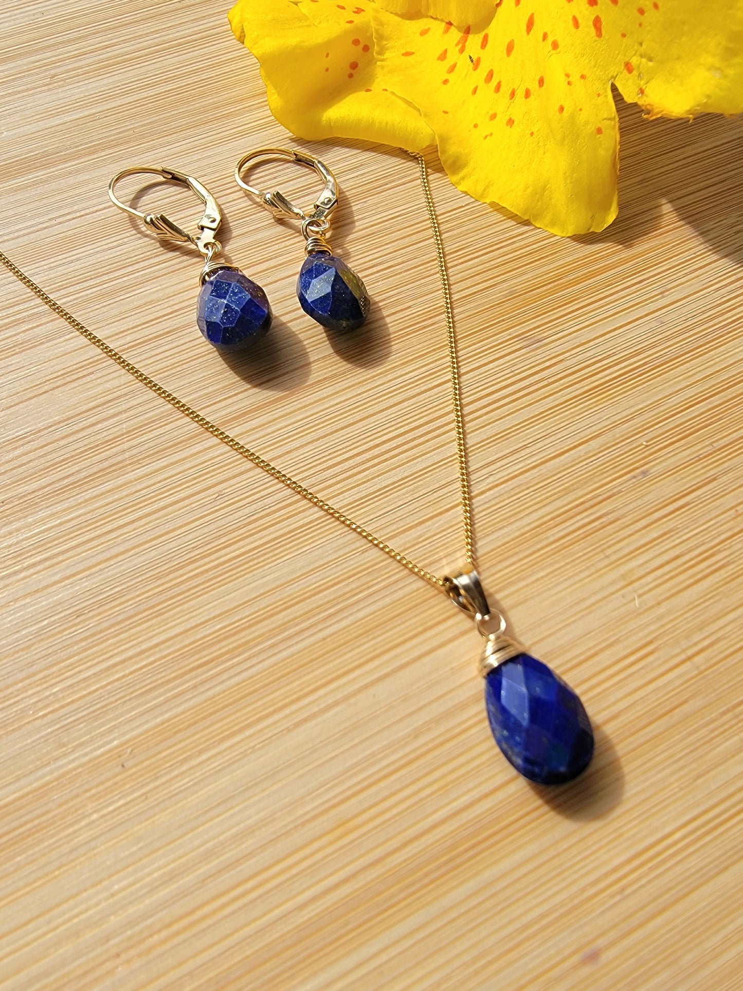 Jewelry Set Lapiz Lazuli Gemstone Crystal Earrings and Necklace set 14k gold filled genuine precious stones