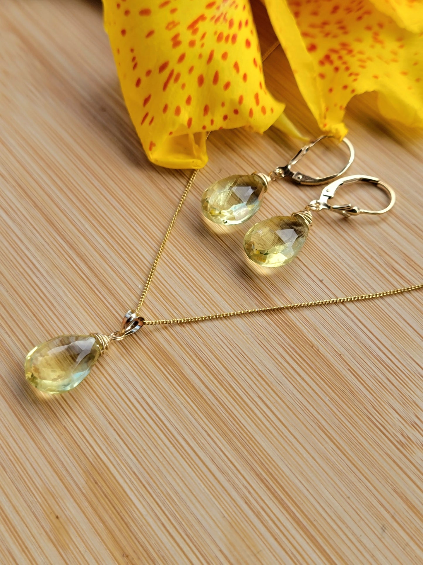 Jewelry Set Lemon Quartz Crystal Gemstone Earrings and Necklace set 14k gold filled genuine precious stones