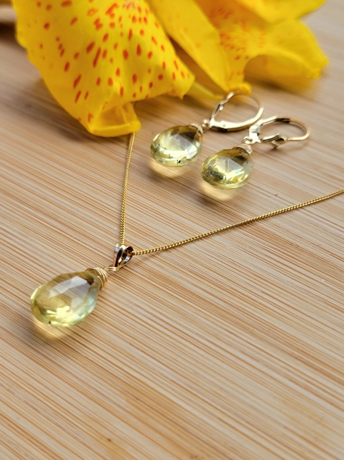 Jewelry Set Lemon Quartz Crystal Gemstone Earrings and Necklace set 14k gold filled genuine precious stones