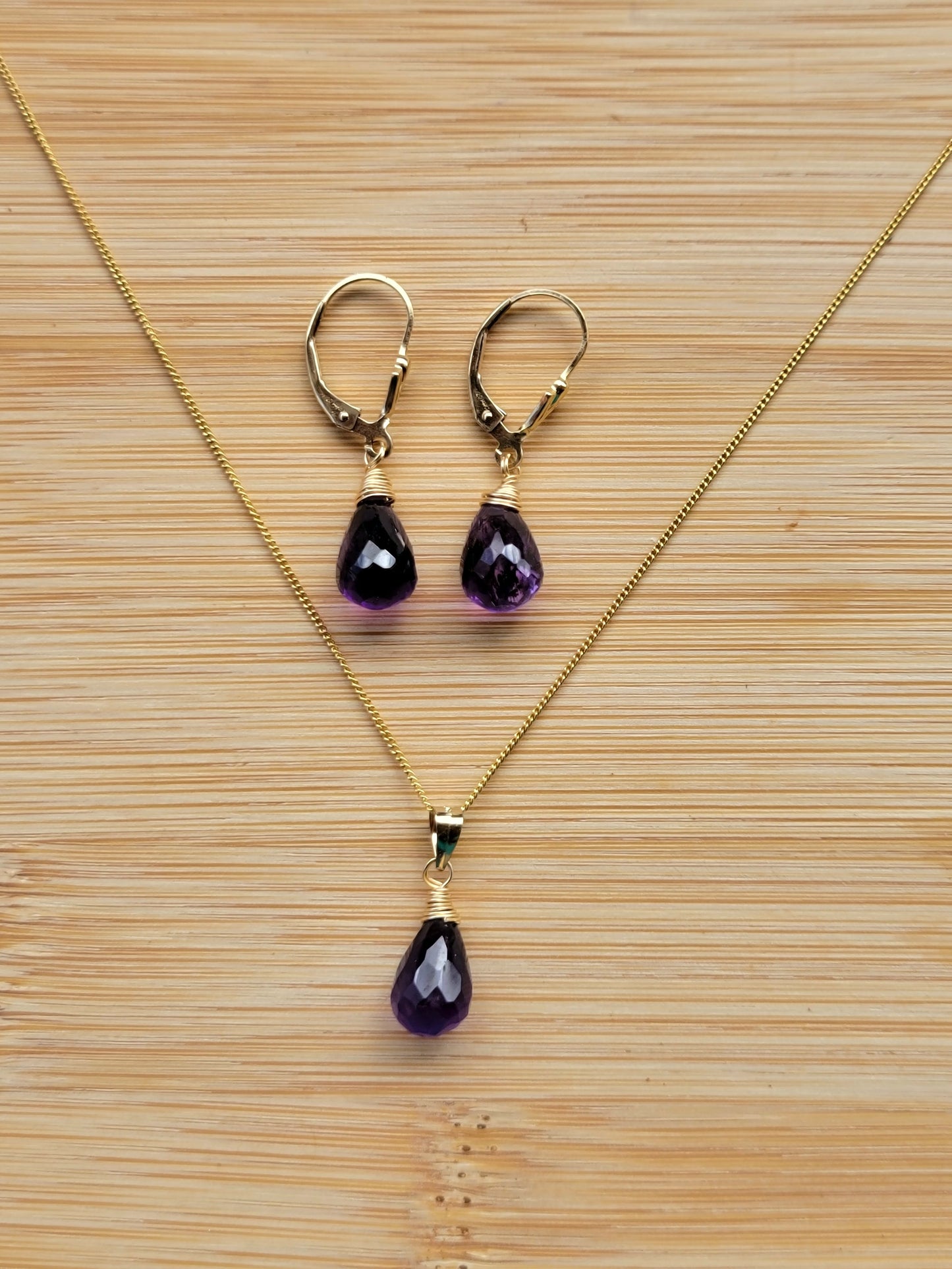 Jewelry Set Amethyst Crystal Gemstone Earrings and Necklace set 14k gold filled genuine precious February Birthstone