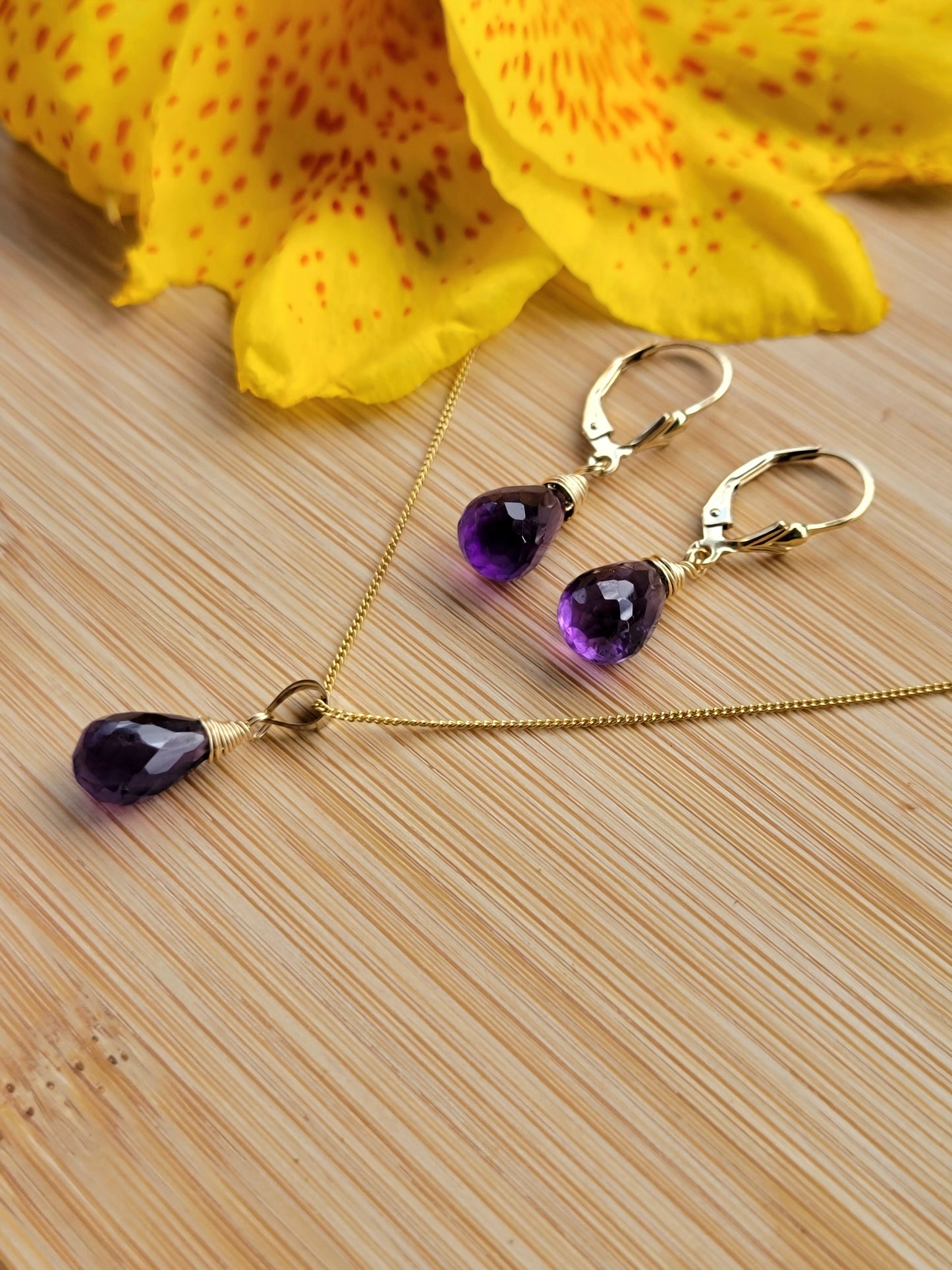 Jewelry Set Amethyst Crystal Gemstone Earrings and Necklace set 14k gold filled genuine precious February Birthstone