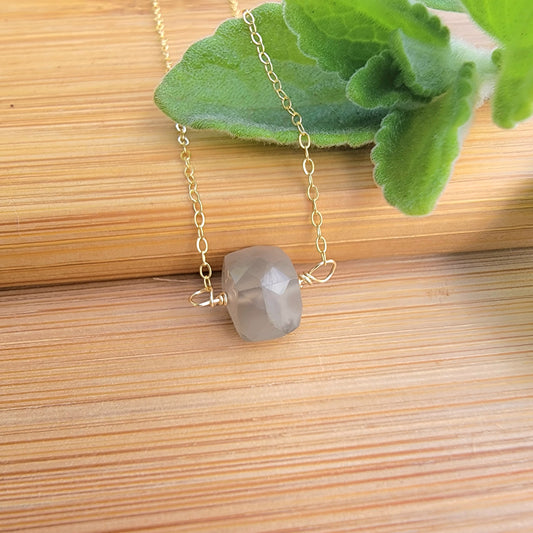 Gray Moonstone Floating Necklace Crystal Gemstone Gold Minimalist Jewelry Handmade June Birthstone