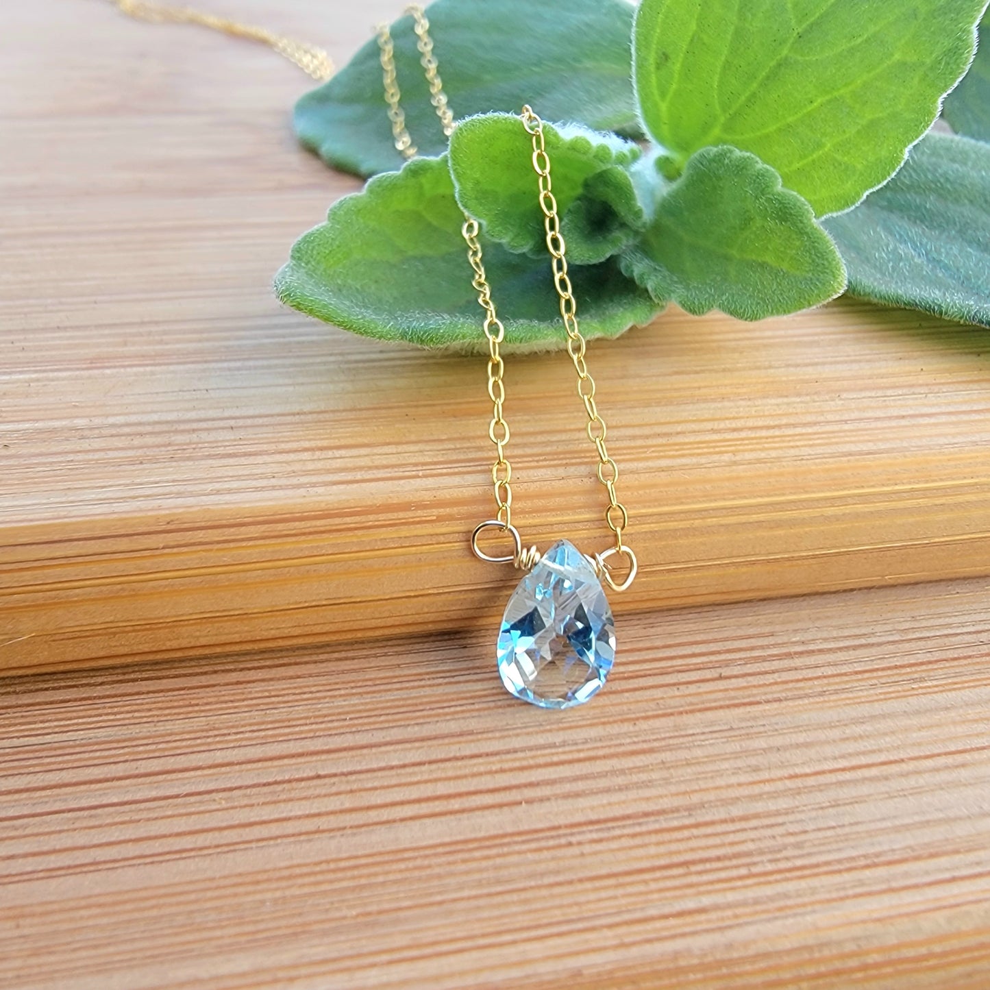 Swiss BLUE TOPAZ  Floating Necklace Crystal Gemstone Minimalist Jewelry Handmade December Birthstone