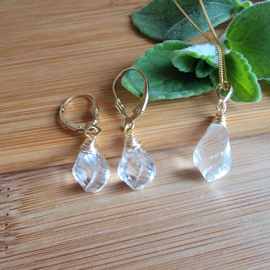 Jewelry Set Clear Rock Crystal Quartz Gemstone Earrings and Necklace set April Birthstone