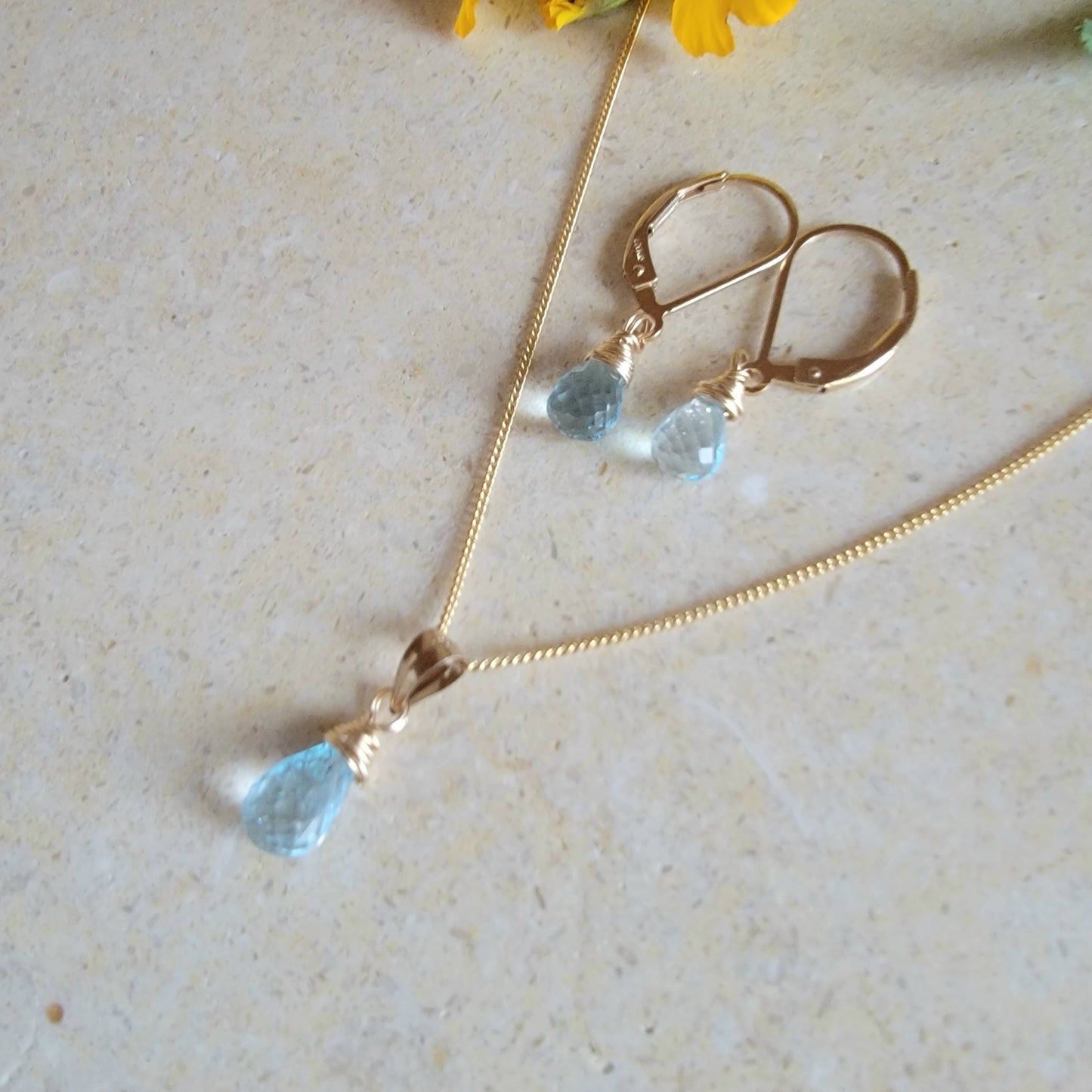 Jewelry Set Swiss Blue Topaz Crsytal Gemstone Earrings and Necklace December Birthstone