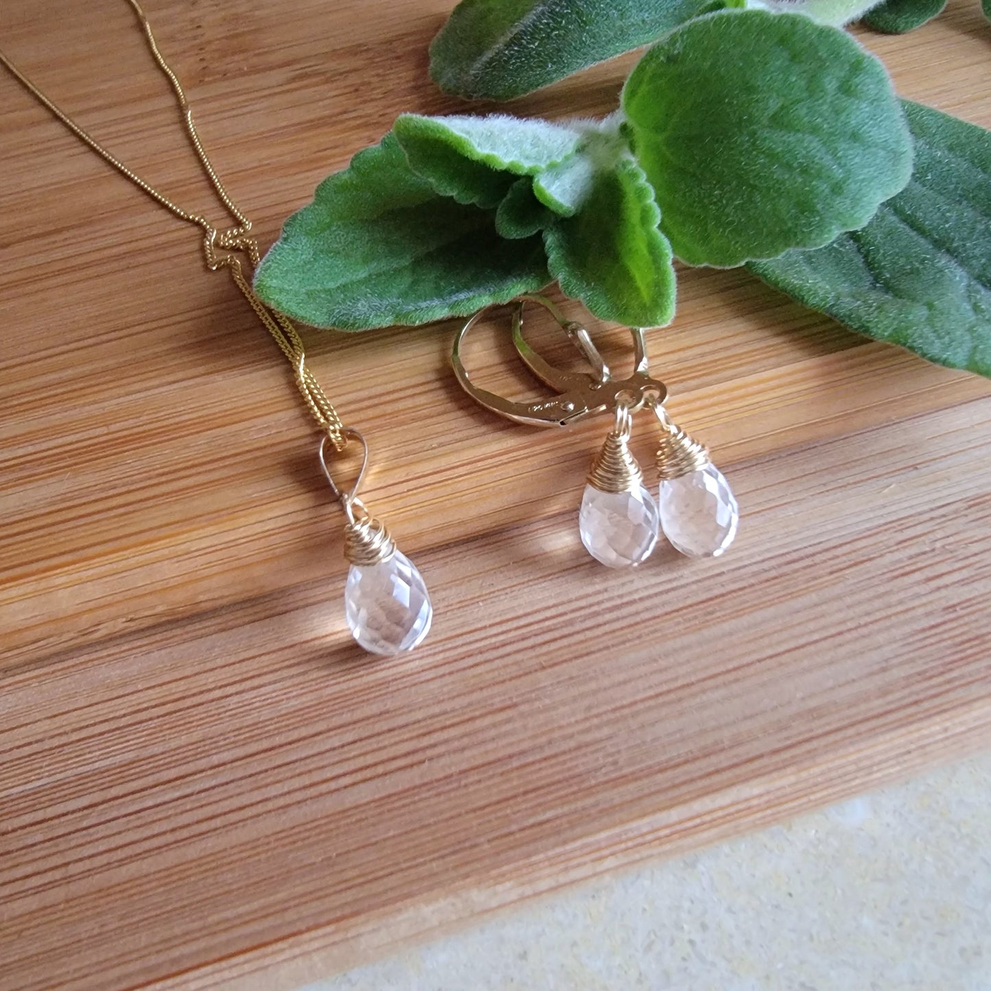 Jewelry Set Clear Rock Crystal Quartz Gemstone Earrings and Necklace set April Birthstone