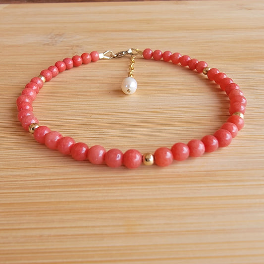 Red Jade Anklet Genuine Gemstone Crystal Beaded Dainty Anklet with Pearl Boho Jewelry Minimalist Tiny Handmade