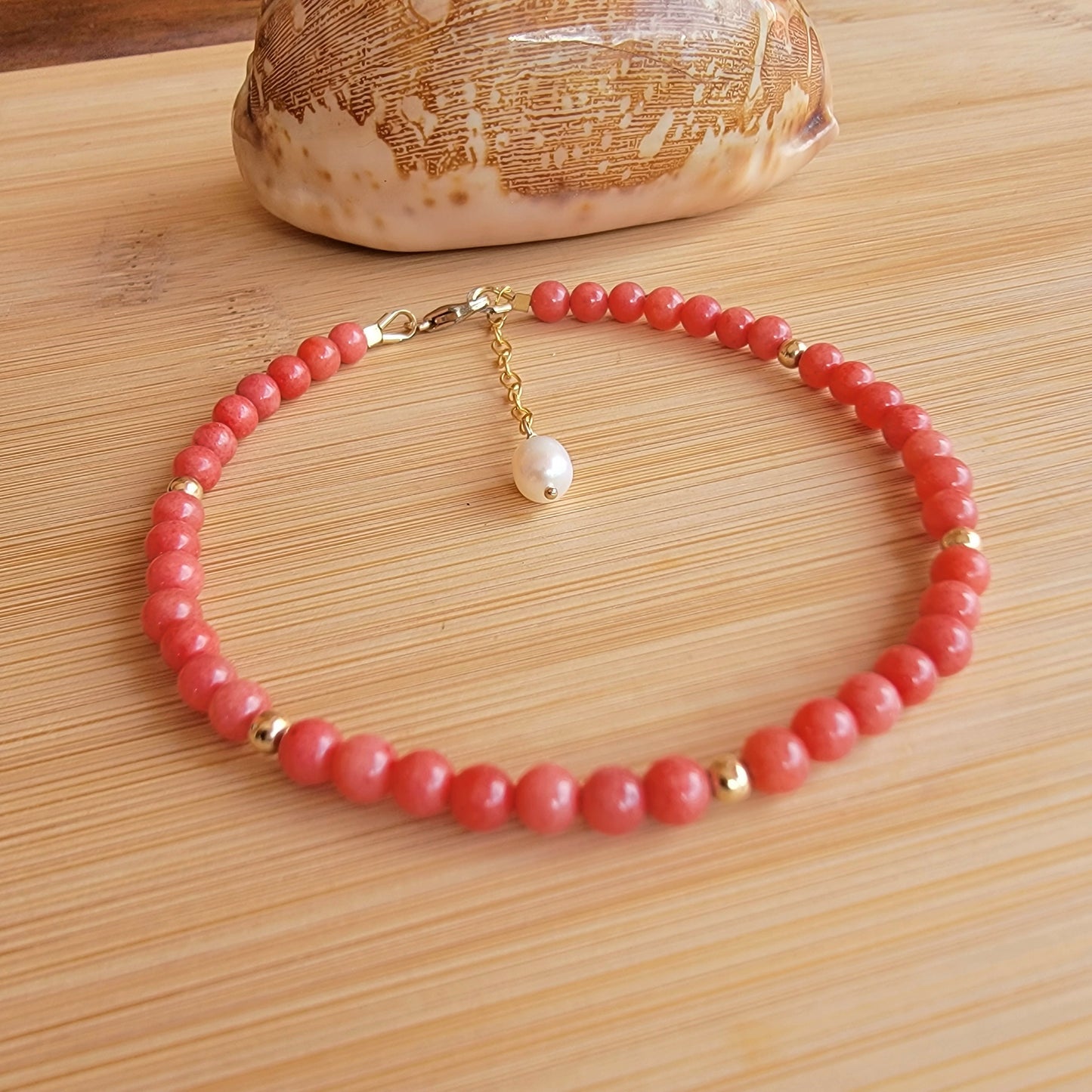 Red Jade Anklet Genuine Gemstone Crystal Beaded Dainty Anklet with Pearl Boho Jewelry Minimalist Tiny Handmade