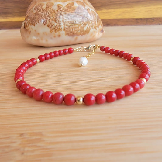 Red Coral Anklet Genuine Gemstone Crystal Beaded Dainty Anklet with Pearl  Boho Jewelry Minimalist Tiny Handmade