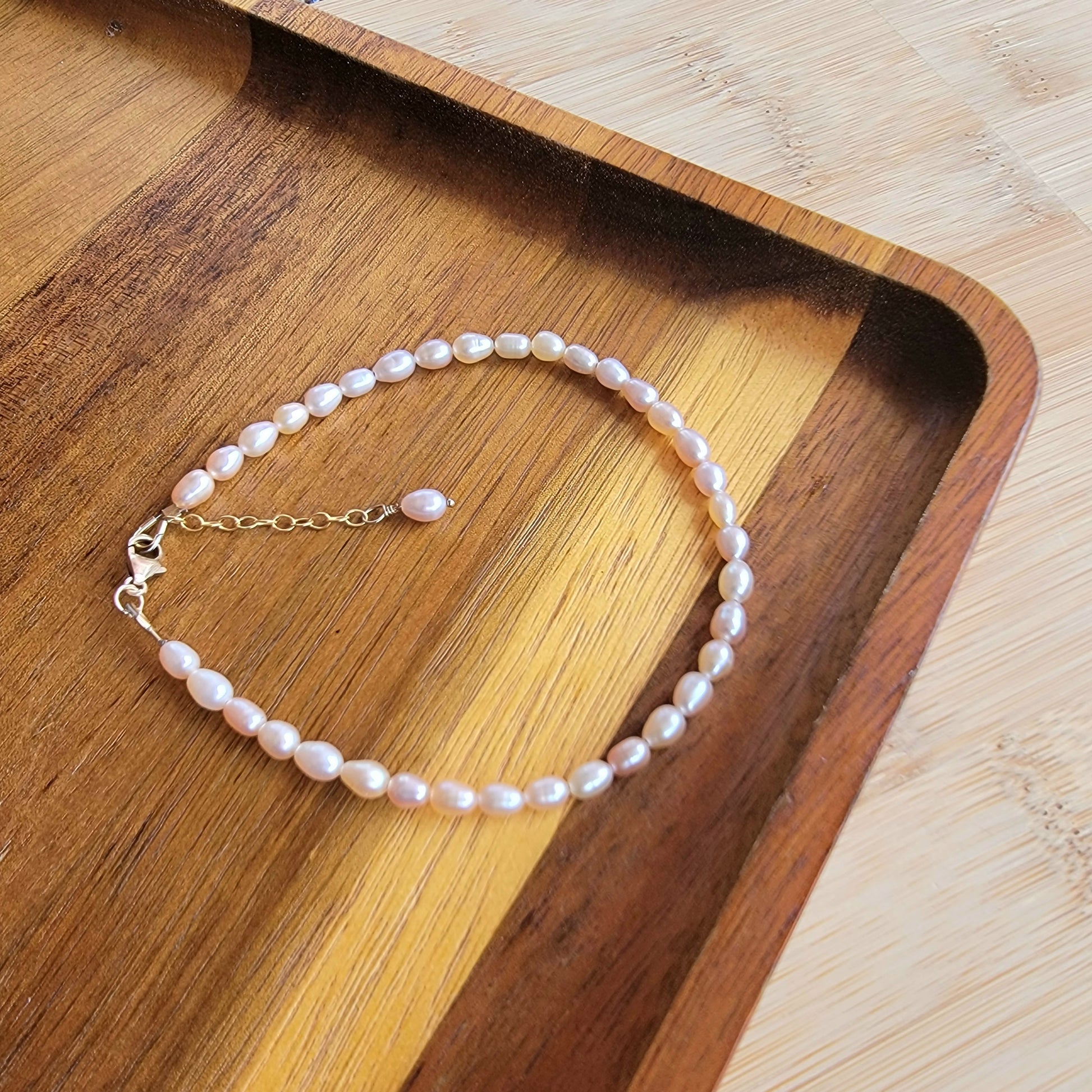 Peach pink pearl beaded anklet crystal gemstone ankle bracelet 14k gold filled 