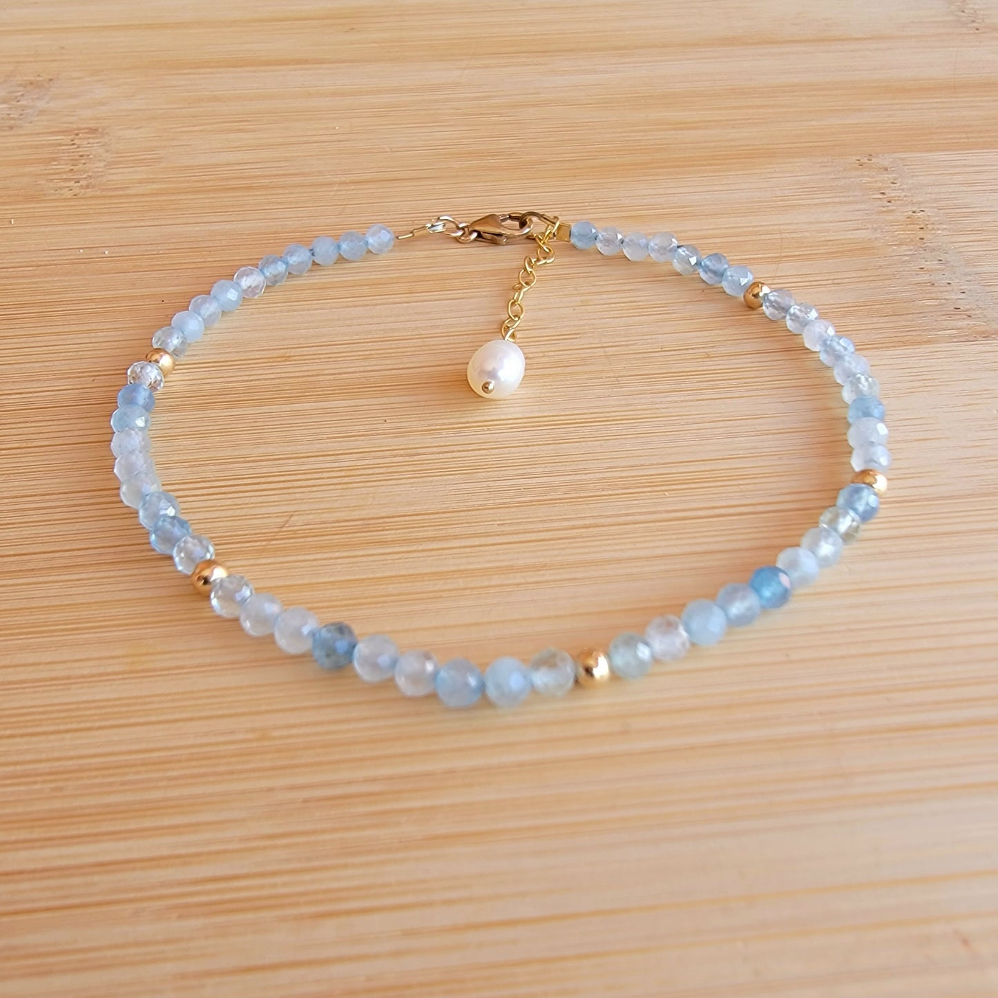 Aquamarine beaded anklet crystal gemstone ankle bracelet 14k gold filled march birthstone 