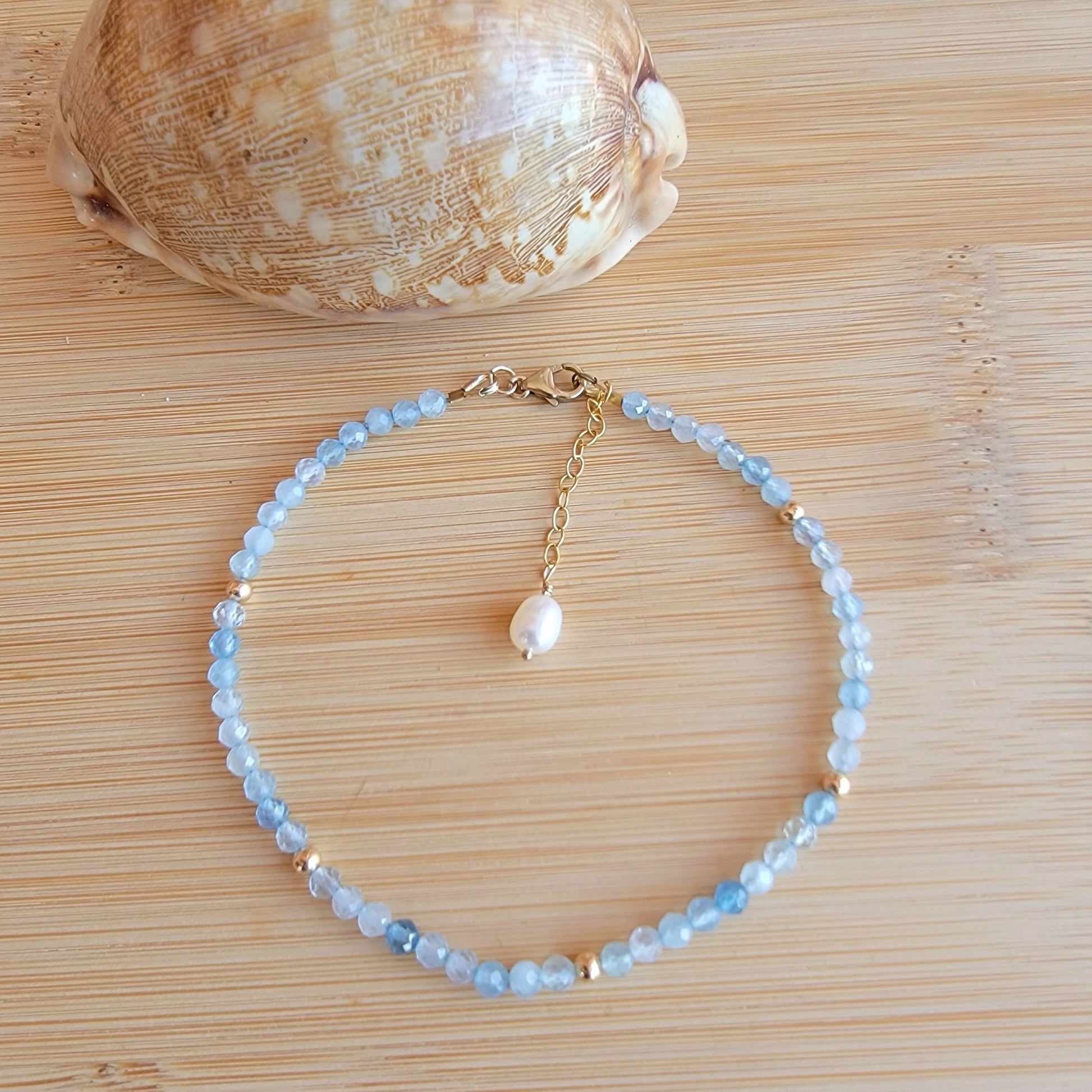 Aquamarine beaded anklet crystal gemstone ankle bracelet 14k gold filled march birthstone 