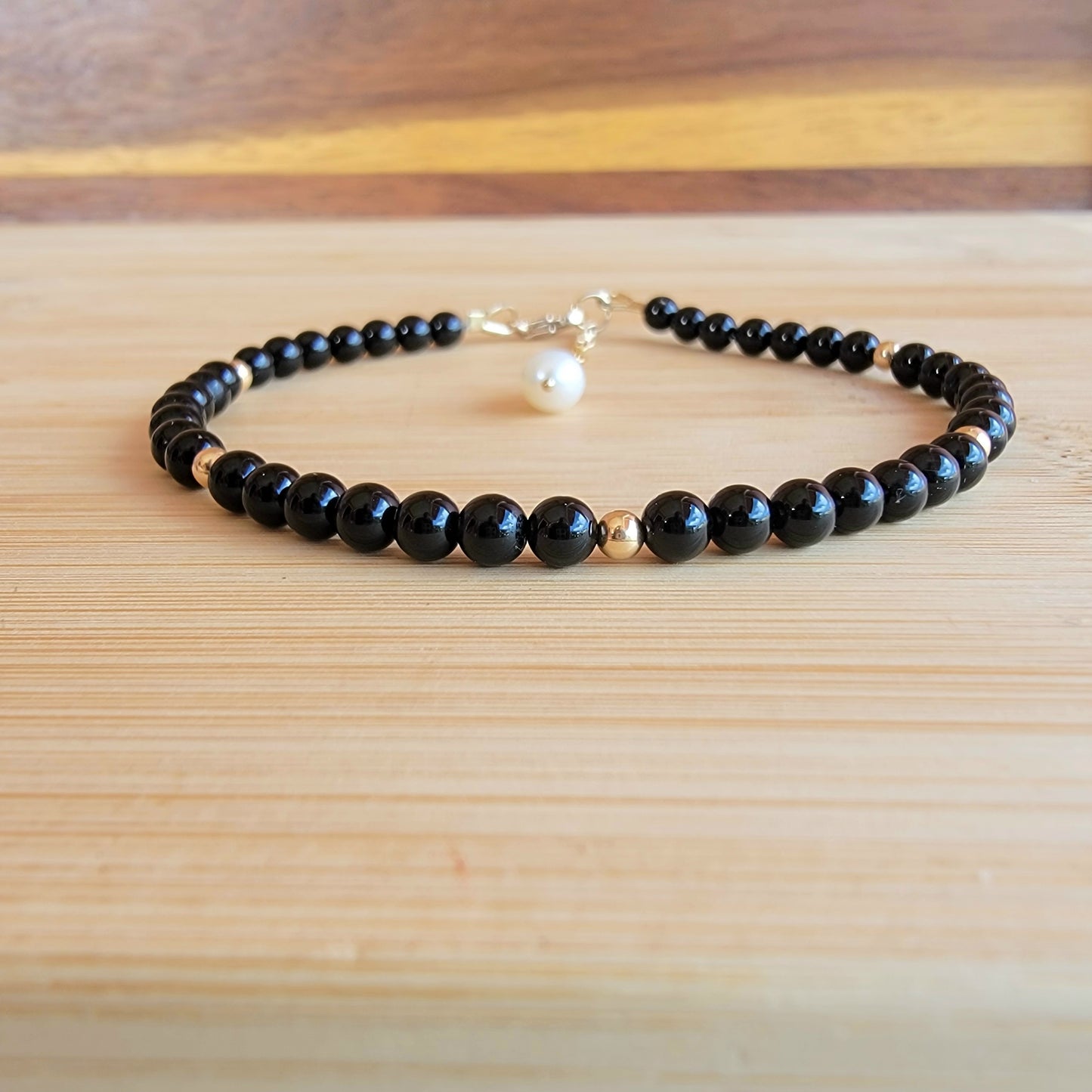 Black onyx  beaded anklet crystal gemstone ankle bracelet 14k gold filled