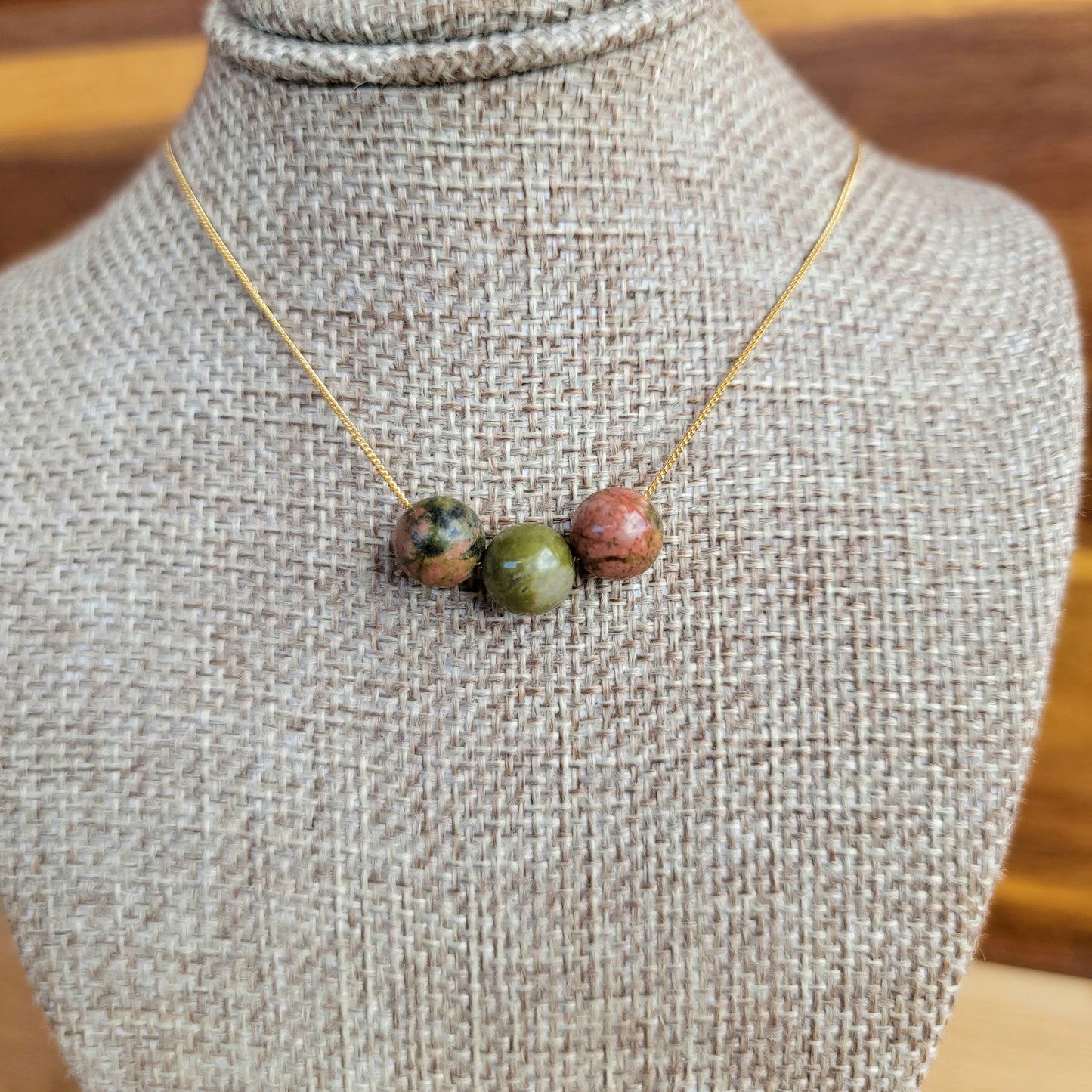 Unakite Floating Necklace 3 Stone Crystal Gemstone 14K Gold Filled Minimalist Jewelry Handmade Simple