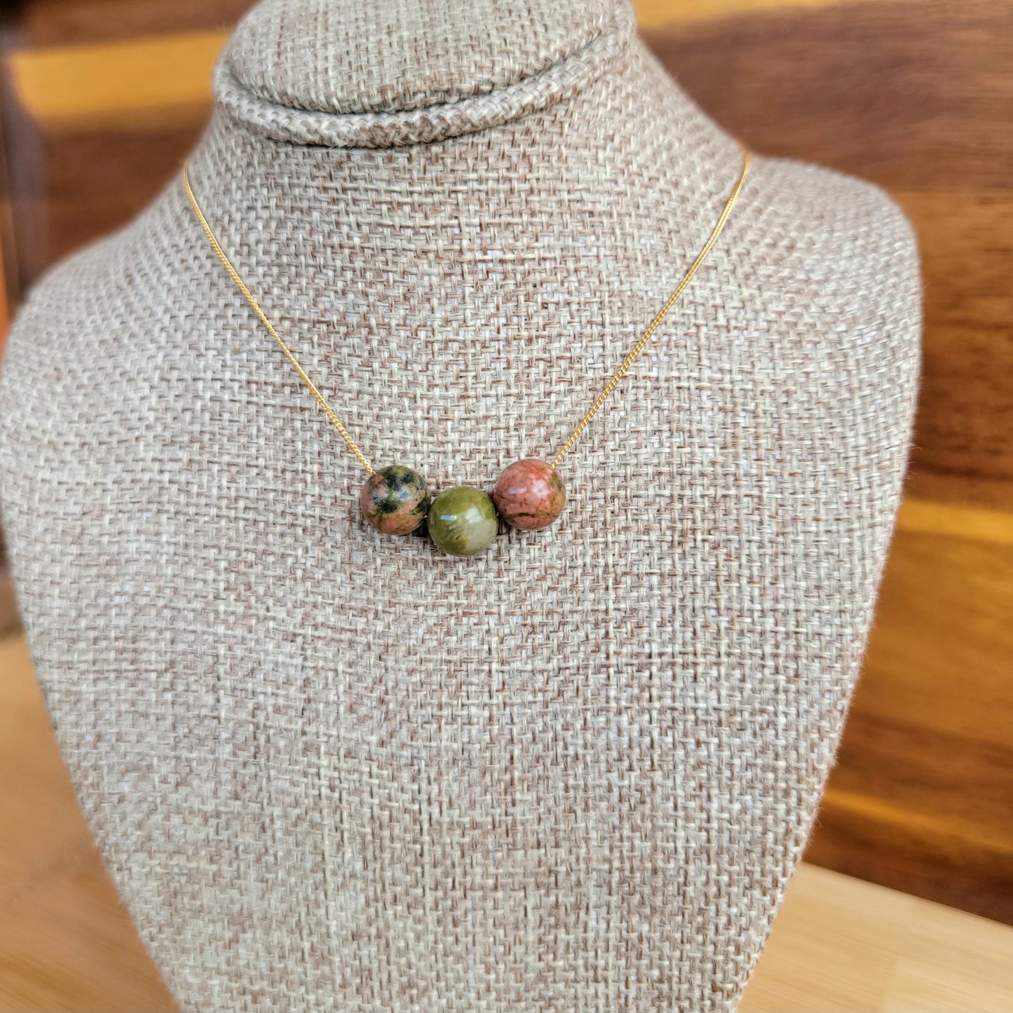 Unakite Floating Necklace 3 Stone Crystal Gemstone 14K Gold Filled Minimalist Jewelry Handmade Simple