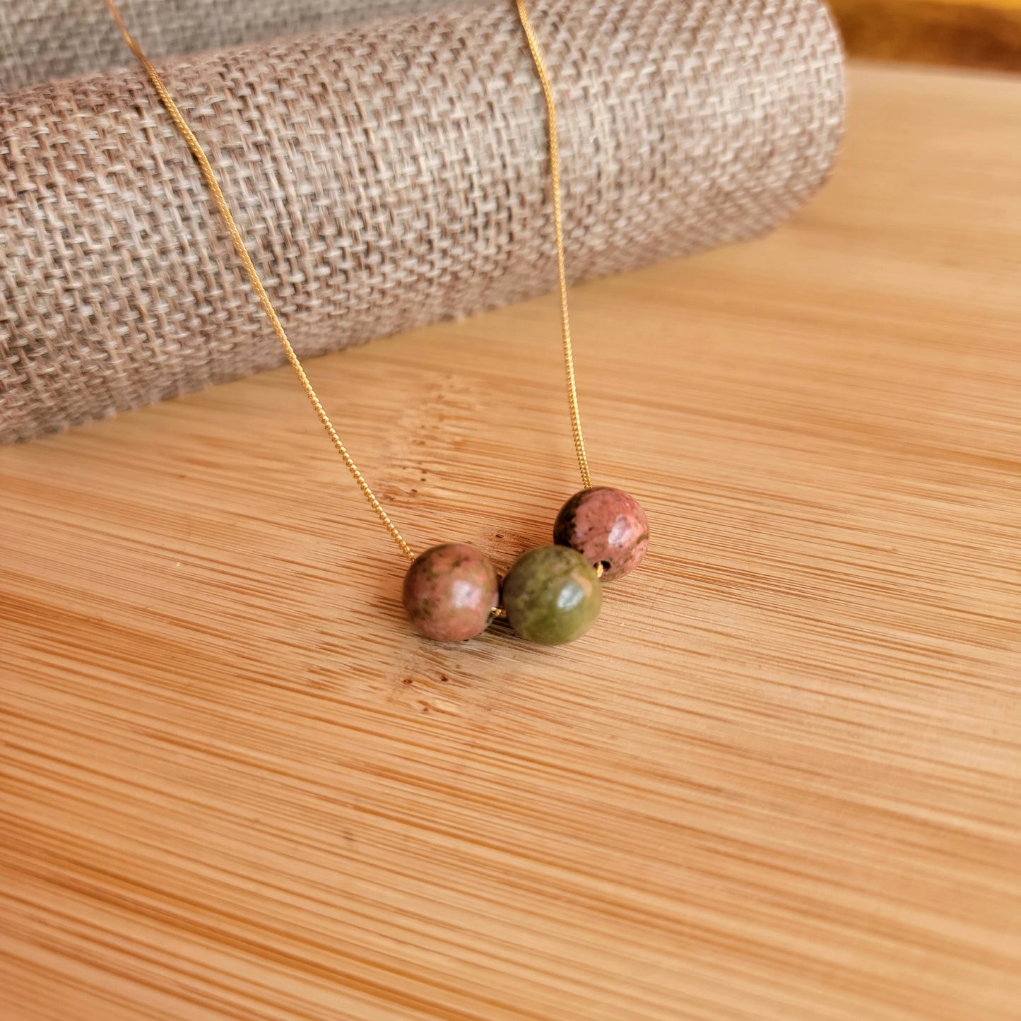 Unakite Floating Necklace 3 Stone Crystal Gemstone 14K Gold Filled Minimalist Jewelry Handmade Simple