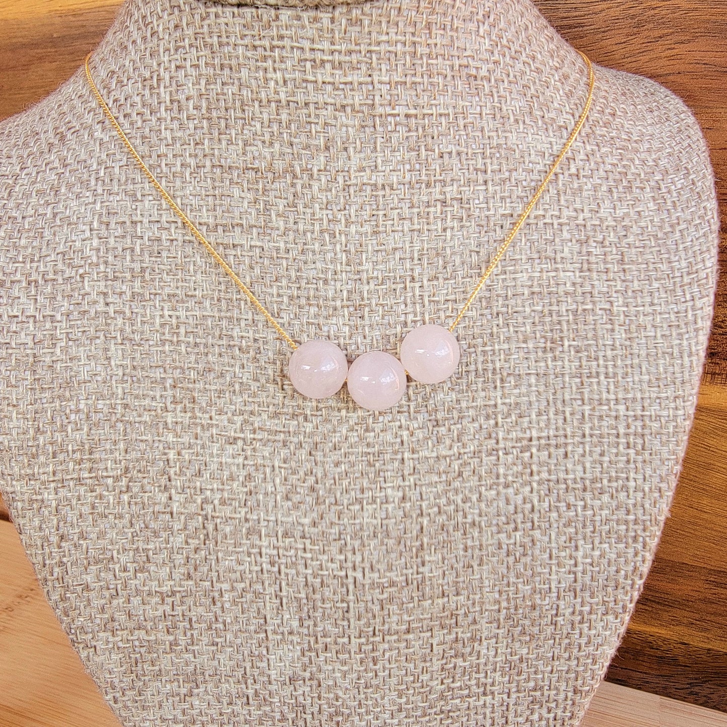 Rose Quartz Floating Necklace 3 Stone Crystal Gemstone Gold  Minimalist Jewelry Handmade Simple