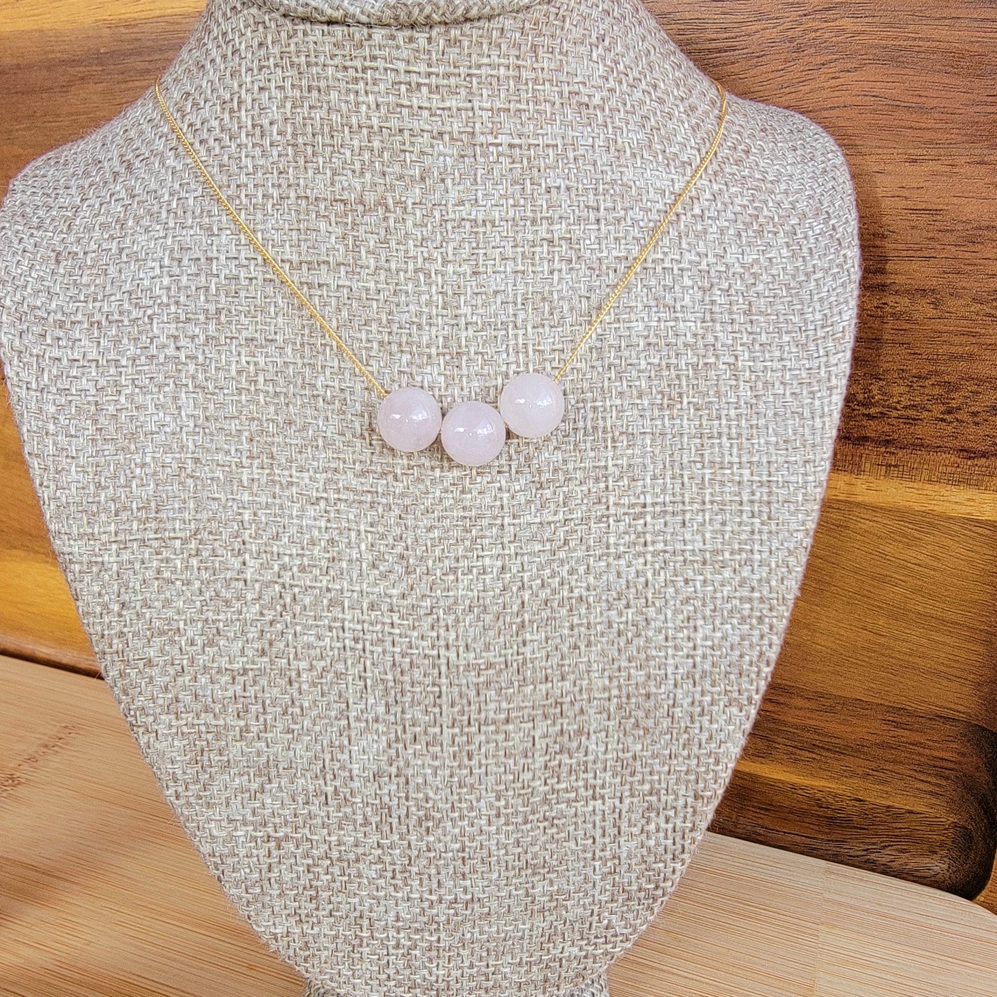 Rose Quartz Floating Necklace 3 Stone Crystal Gemstone Gold  Minimalist Jewelry Handmade Simple