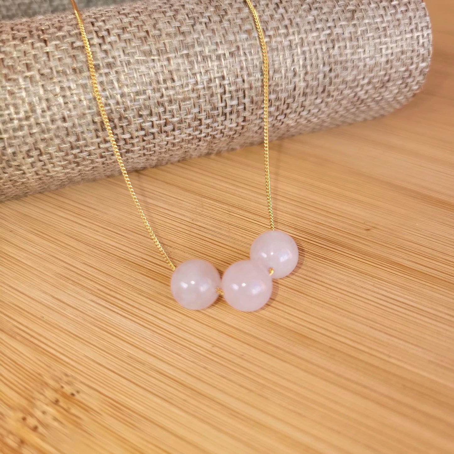 Rose Quartz Floating Necklace 3 Stone Crystal Gemstone Gold  Minimalist Jewelry Handmade Simple