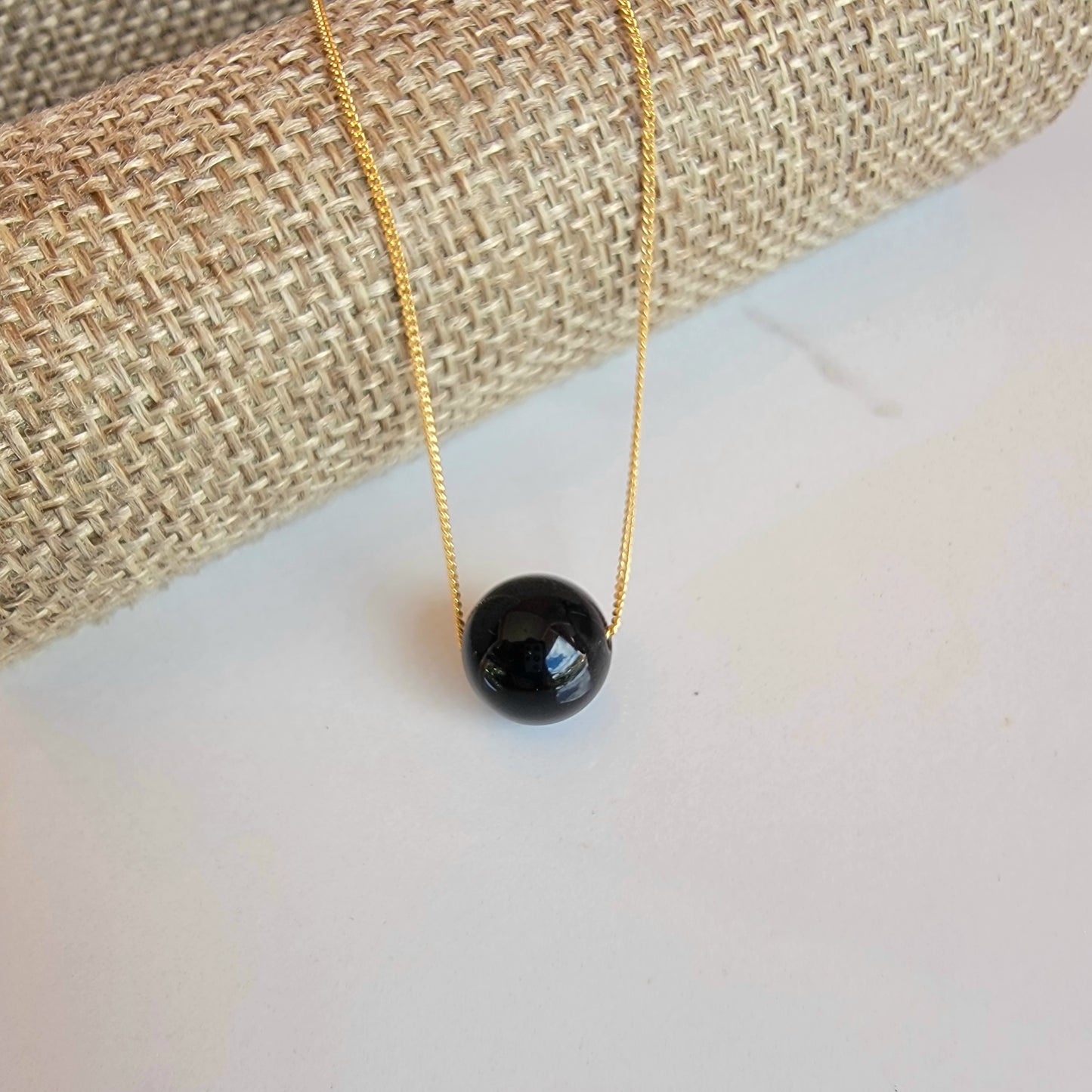 Black Onyx  Floating Necklace Crystal Gemstone 14K Gold Filled Minimalist Jewelry Handmade