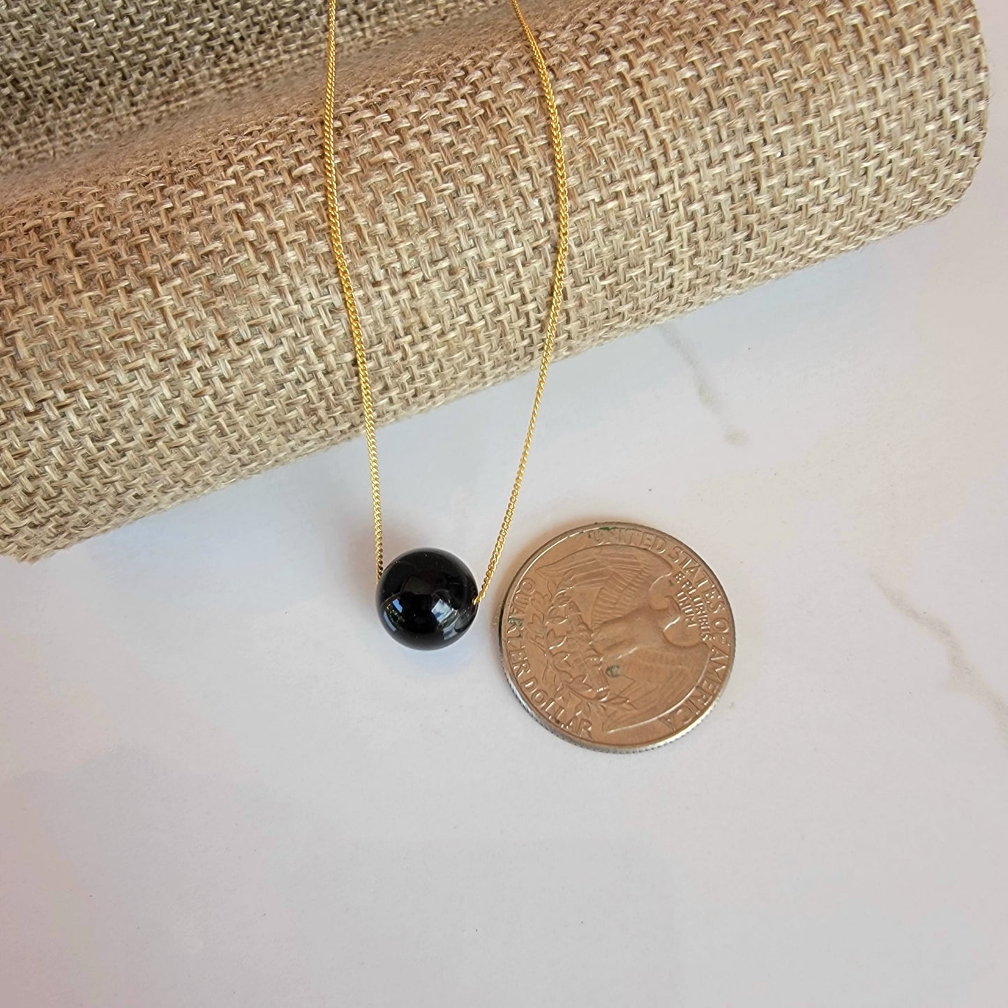 Black Onyx  Floating Necklace Crystal Gemstone 14K Gold Filled Minimalist Jewelry Handmade