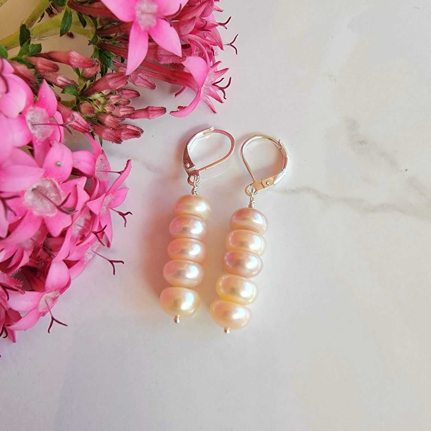 Peach Pink Pearl Earrings Real Freshwater Pearl  Dangle Silver Handmade Wedding Bridal Jewelry June Birthstone