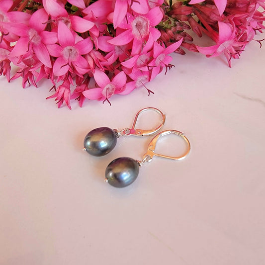 Black Pearl Earrings Sterling Silver Real Freshwater Pearl Dangle Handmade Wedding Boho Brida Jewelry June Birthstone