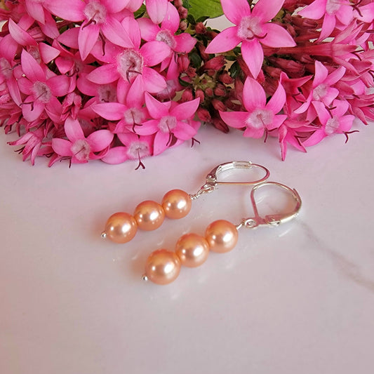 Peach Pearl Earrings Swarovski Drop Dangle Gemstone Boho Jewelry Sterling Silver