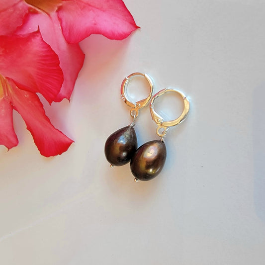 Brown Pearl Earrings Drop Dangle Gemstone Boho Jewelry Sterling Silver