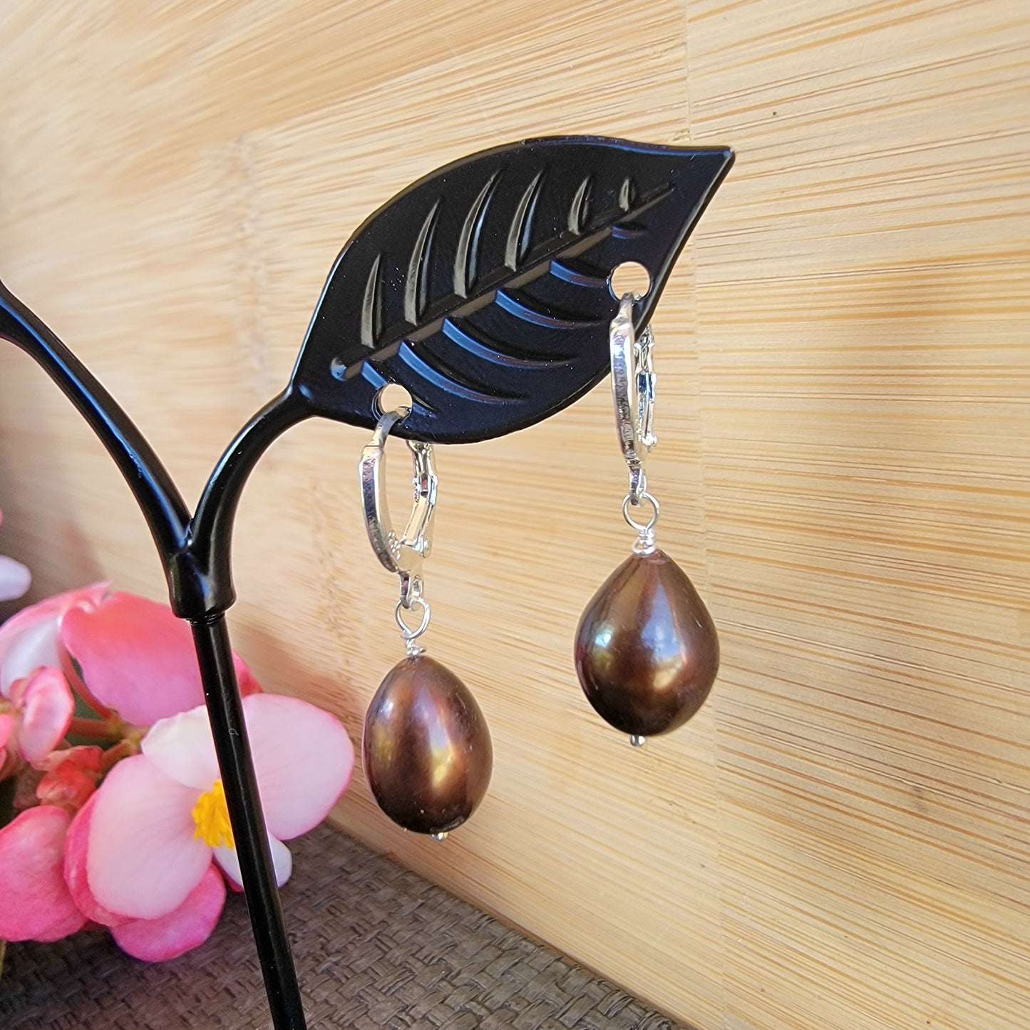 Brown Pearl Earrings Drop Dangle Gemstone Boho Jewelry Sterling Silver