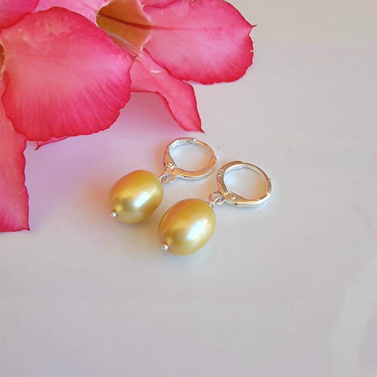 Golden Pearl Earrings Drop Dangle Gemstone Boho Jewelry Sterling Silver