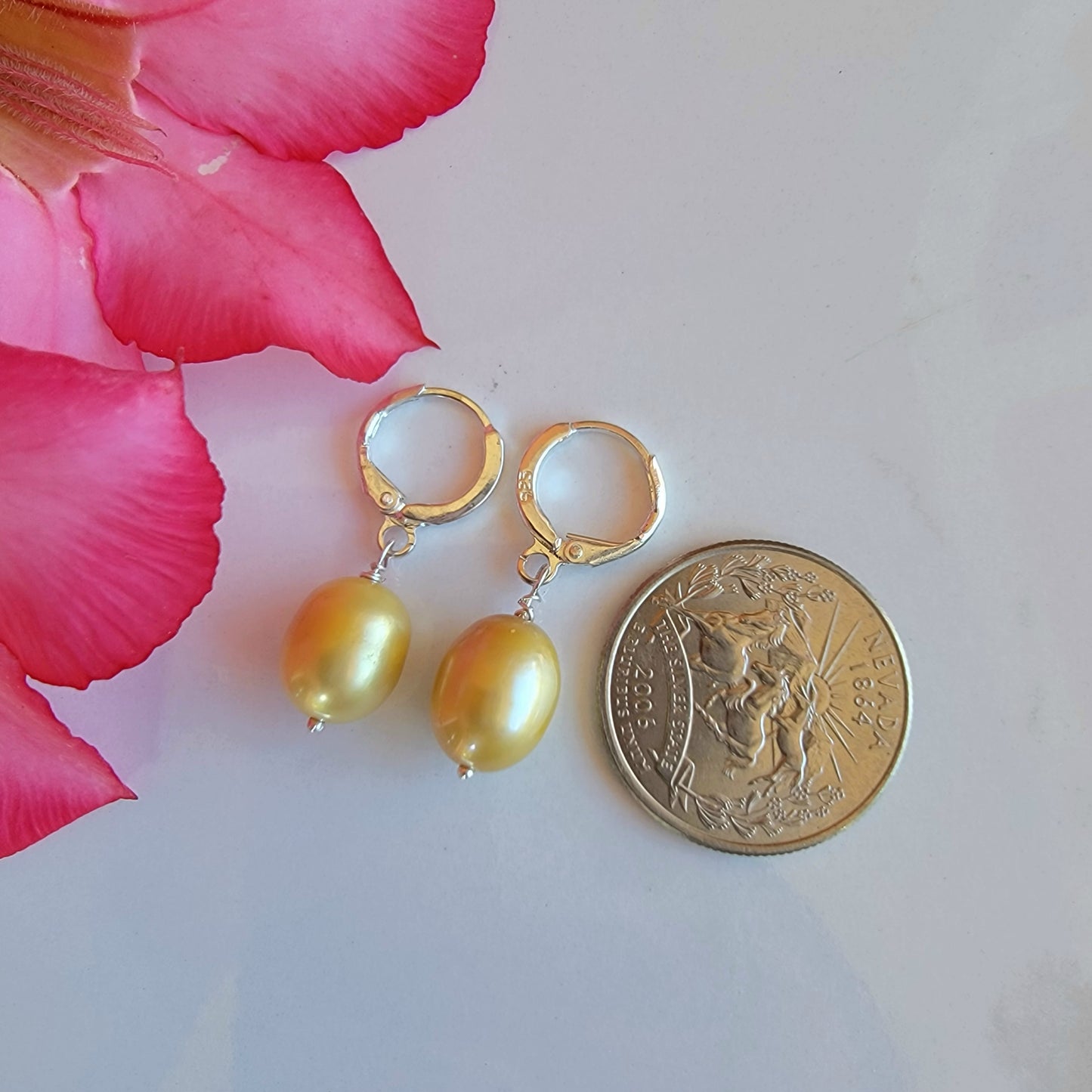 Golden Pearl Earrings Drop Dangle Gemstone Boho Jewelry Sterling Silver