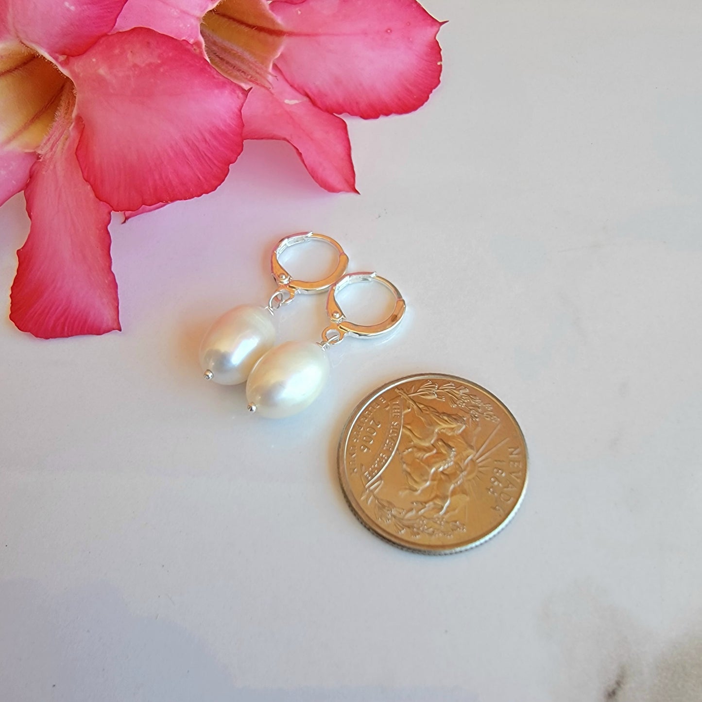 White Pearl Earrings Drop Dangle Gemstone Boho Jewelry Sterling Silver