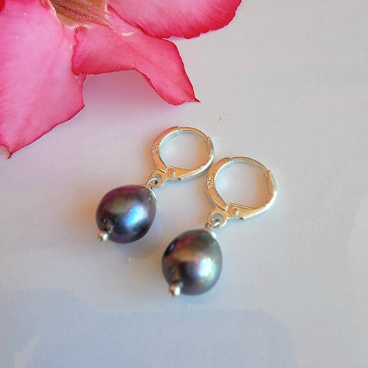 Black Pearl Earrings Drop Dangle Gemstone Boho Jewelry Sterling Silver