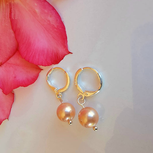 Peach Pearl Earrings Swarovski Drop Dangle Gemstone Boho Jewelry Sterling Silver