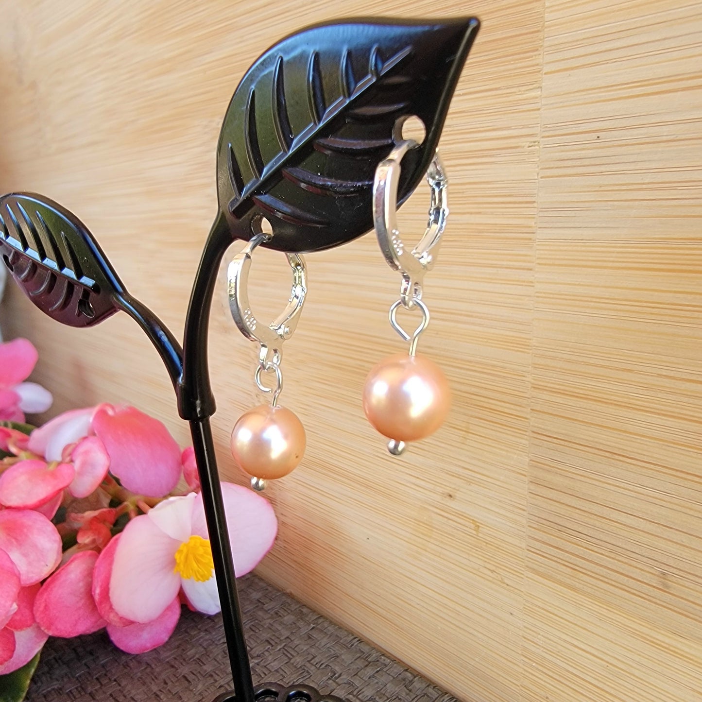 Peach Pearl Earrings Swarovski Drop Dangle Gemstone Boho Jewelry Sterling Silver