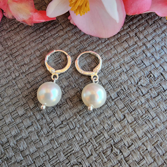 White Pearl Earrings Swarovski Drop Dangle Gemstone Boho Jewelry Sterling Silver