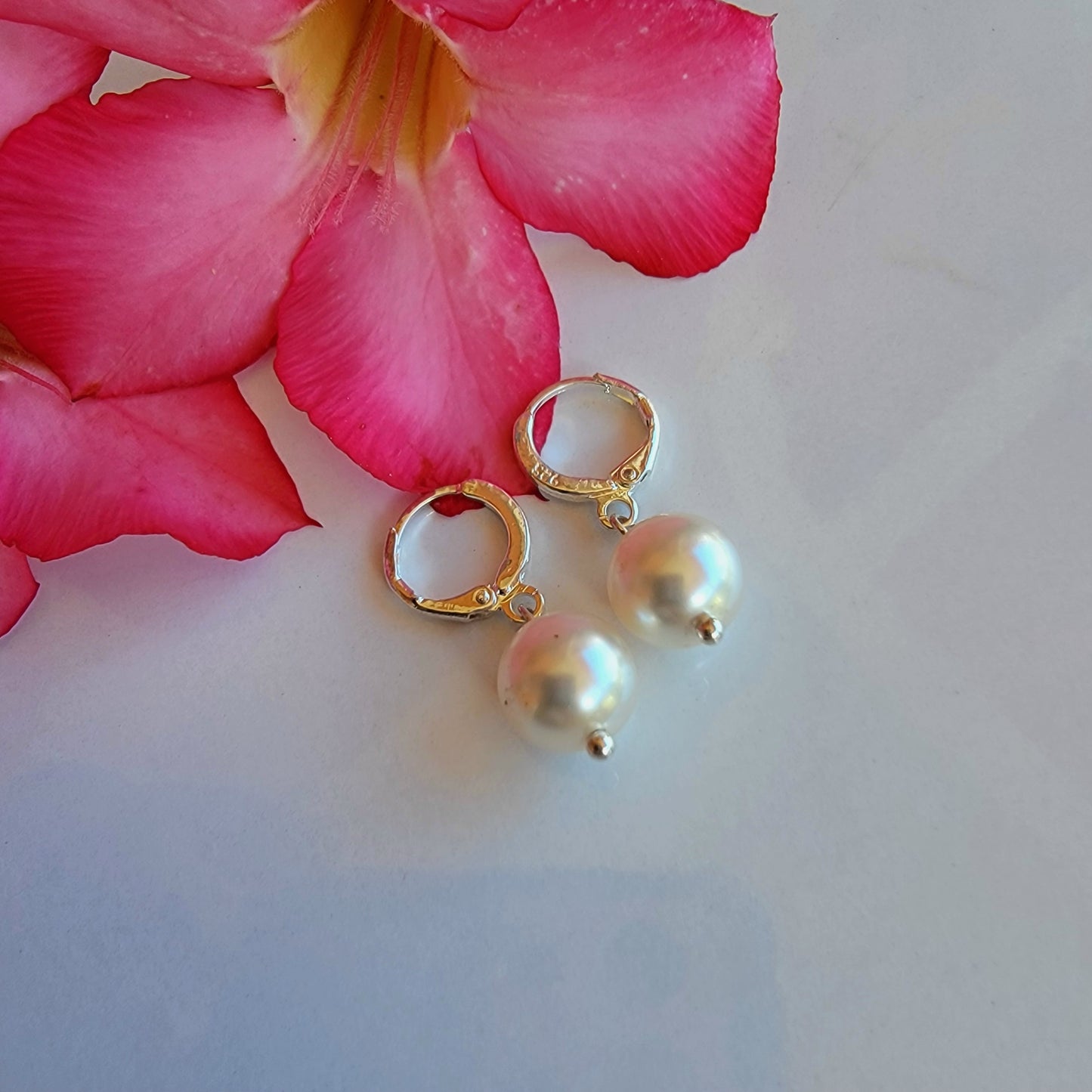 White Pearl Earrings Swarovski Drop Dangle Gemstone Boho Jewelry Sterling Silver