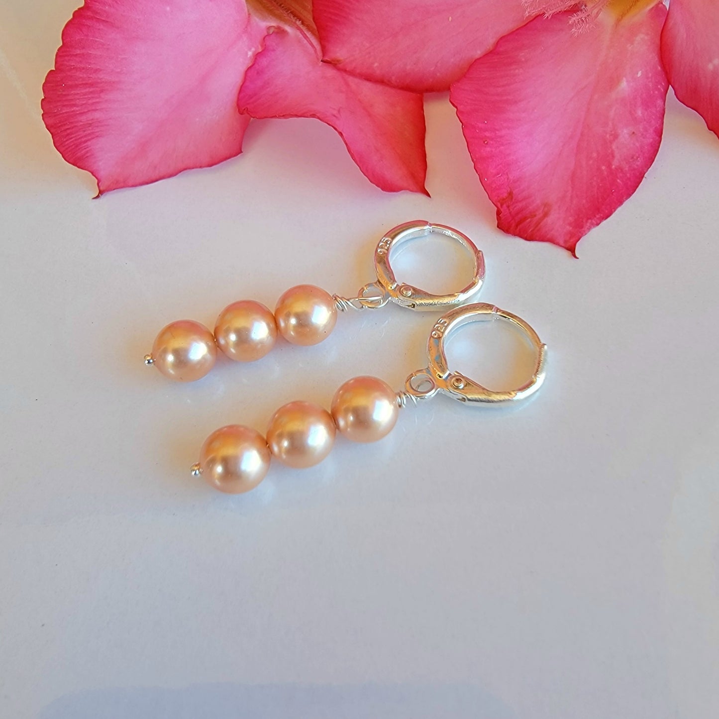 Peach Pearl Earrings Swarovski Drop Dangle Gemstone Boho Jewelry Sterling Silver