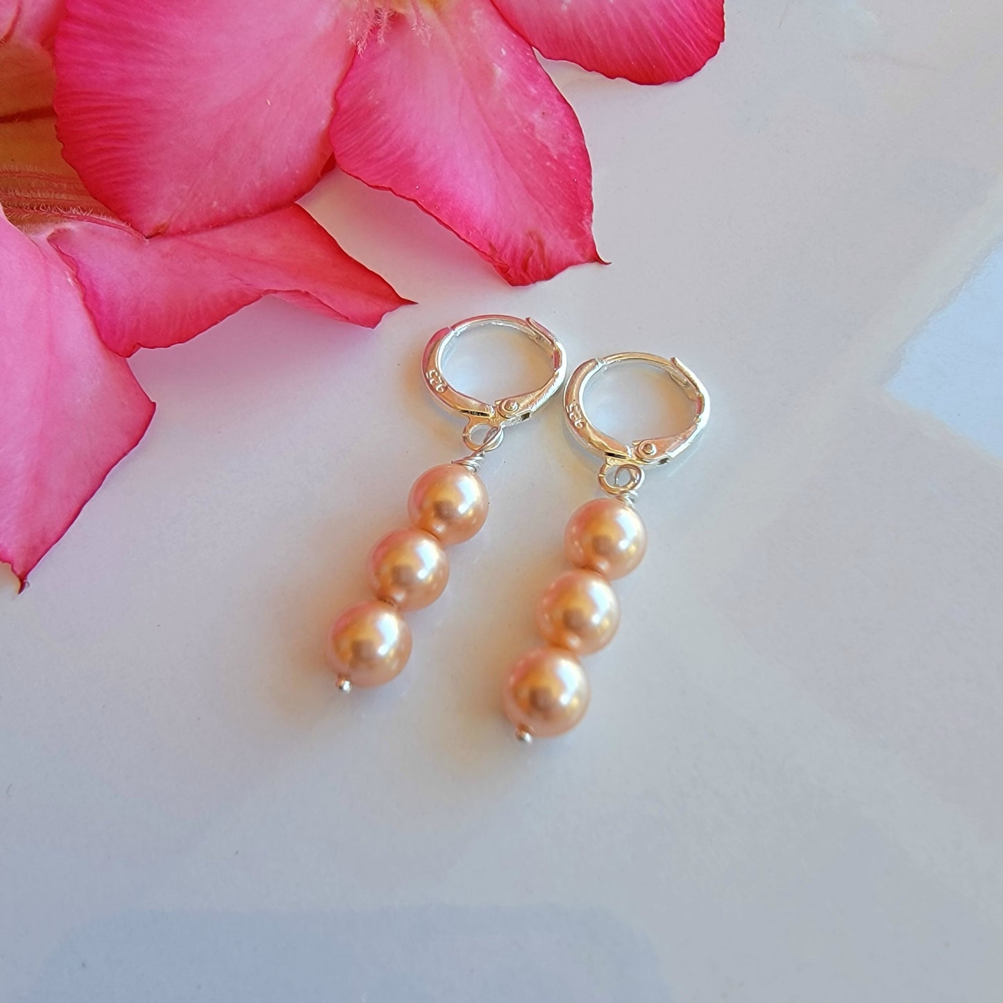 Peach Pearl Earrings Swarovski Drop Dangle Gemstone Boho Jewelry Sterling Silver