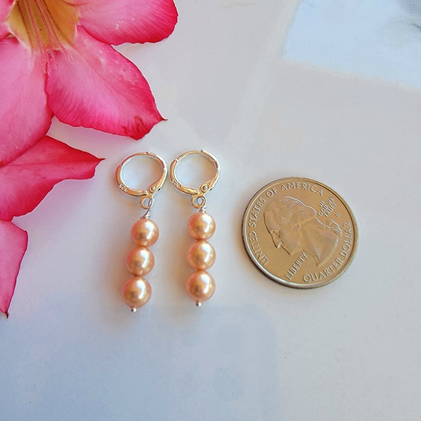 Peach Pearl Earrings Swarovski Drop Dangle Gemstone Boho Jewelry Sterling Silver