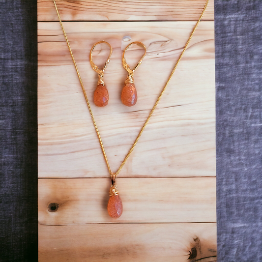 Jewelry Set Sunstone Crystal Gemstone Earrings and Necklace set 14k gold filled genuine precious stones